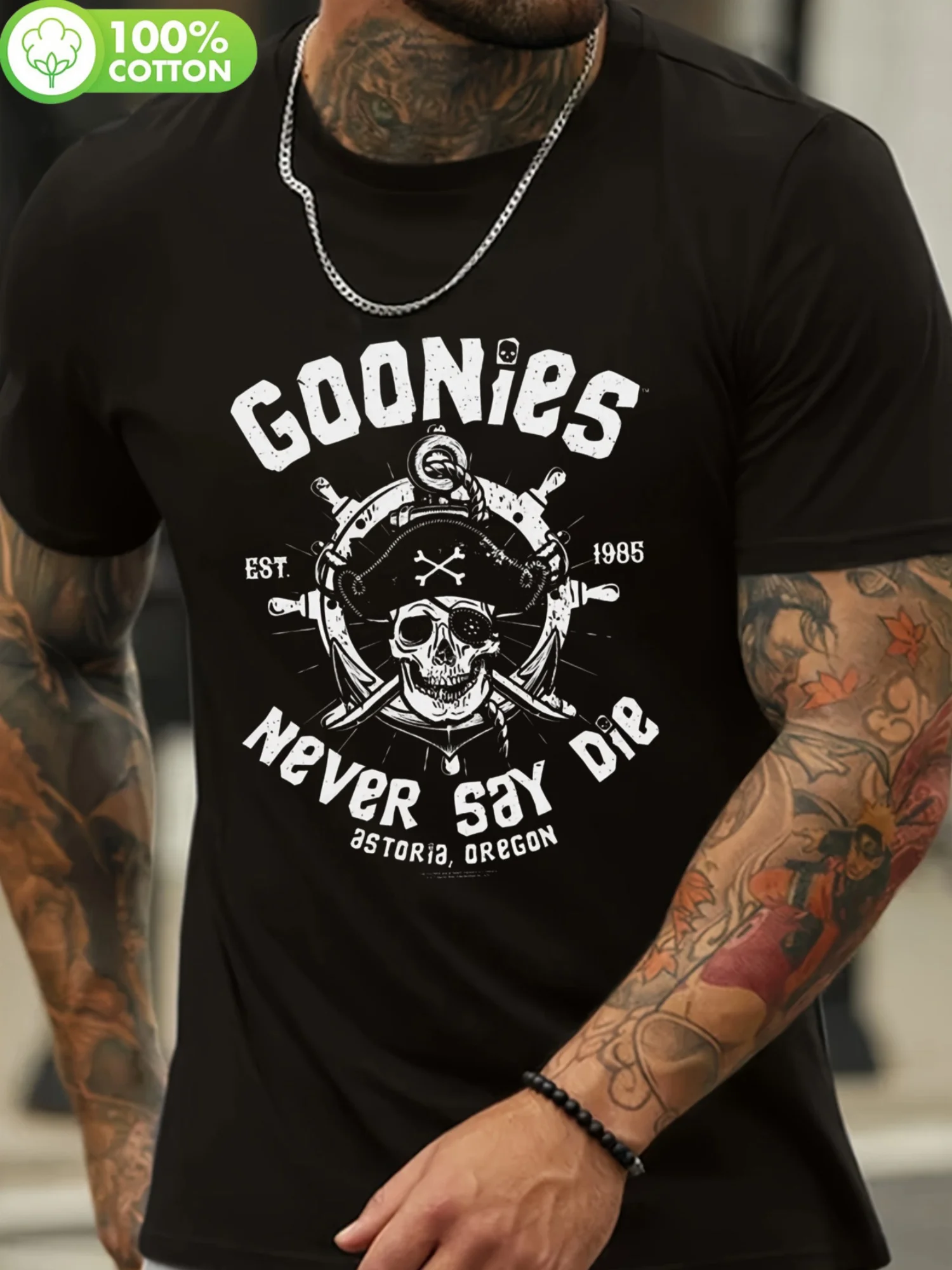 

Men'S Vintage-Inspired Goonies T-Shirt - Cotton, Crew Neck, Short Sleeve with Skull Crossbones Graphic, Ideal for Casual Wear