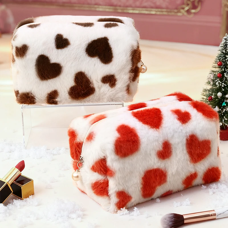 Soft Plush Handheld Cosmetic Bag Small Portable Comfortable Adorable Cow Print