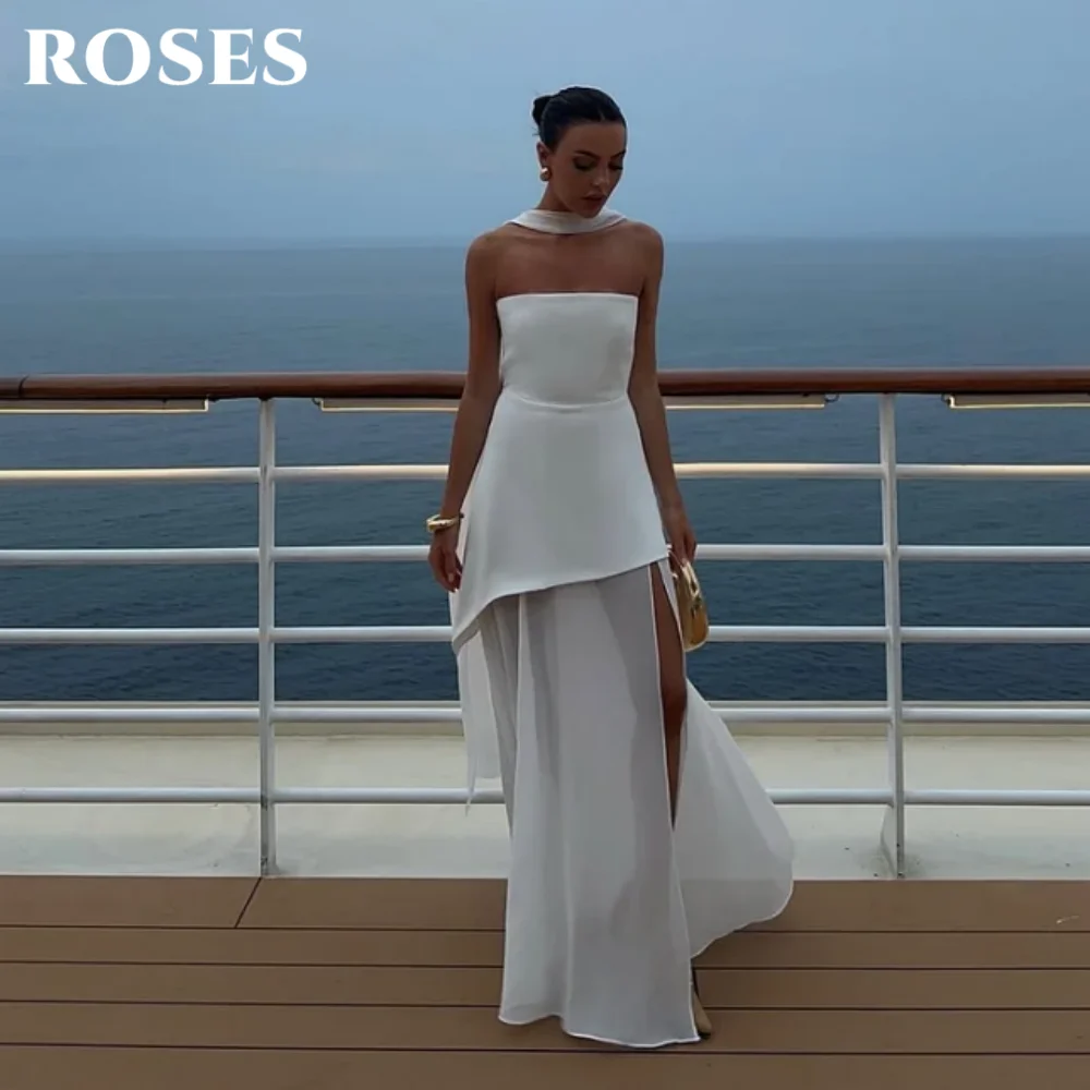 

ROSES White Stain Prom Dress Pleats Strapless Scarf Celebrity Dress Sexy Sleeveless Women's Evening Dress for Gala Customized