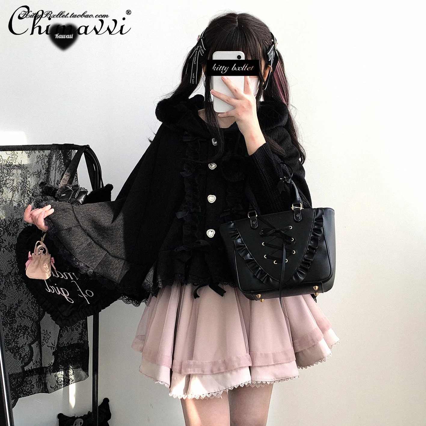 Sweet Girl Kawaii Diamond Buckle Cape Jacket Autumn and Winter Japanese Mines Loose Cute Bow Hooded Velvet Small Shawl Coat