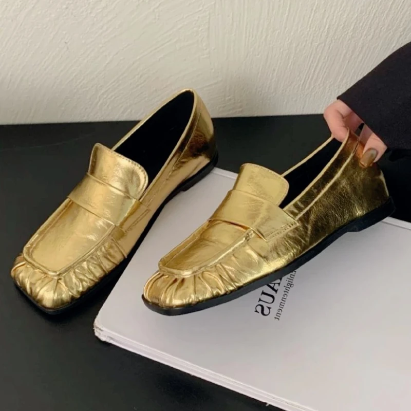 

Comfort Gold Pleated Loafers Women Fashion Soft Leather Square Toe Designer Casual Shoes for Ladies Lightweight Mary Jane Shoes