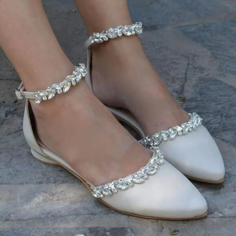 Pure White Ivory Satin Pointed Toe Bling Crystal Rhinestone Chain One Line Buckle Strap Flat Shoes Ladies Cover Heel Beach Shoes