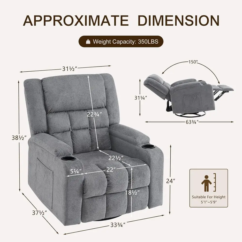 كرسي هزاز دوار من الشنيل الرمادي مع تدليك وحرارة لمساحات المعيشة