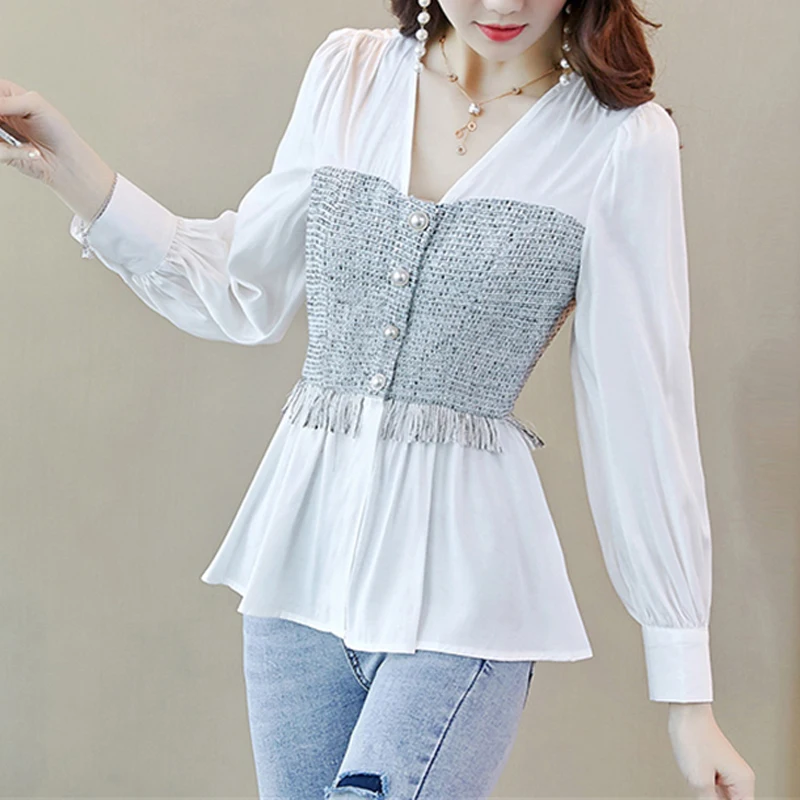 Frauen Rüschen Quasten Patchwork Perlen Knopf Design schicke Hemden 2023 Herbst mode V-Ausschnitt schlanke elegante Blusen Langarm Tops