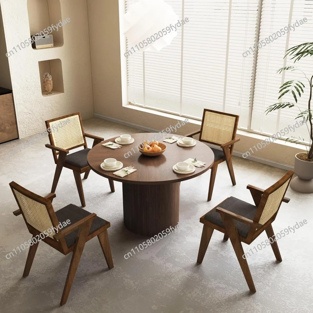 Fluted Round Dining Table, 47-inch Wood Kitchen for 4, Farmhouse Circle Table with Strip Base for Kitchen, Living Room, W
