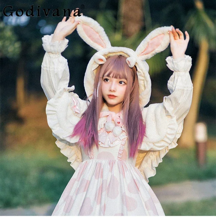 Original Sweet Y2k Winter Warm Shawl Jacket Cape Female Japanese Lolita Plush Rabbit Ears Short Coat Women Kawaii Lolita Ponchos