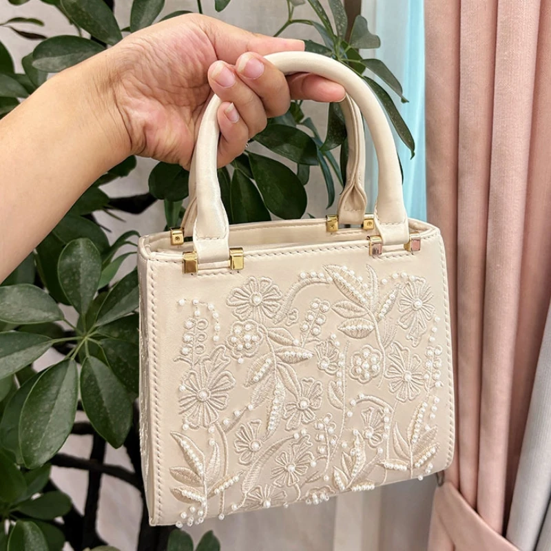 

Fashion Floral Pearl Embroidery Square Hadnbag Women's Retro Shoulder Bag Wedding Party Luxury Evening Clutch Bolsa Feminina