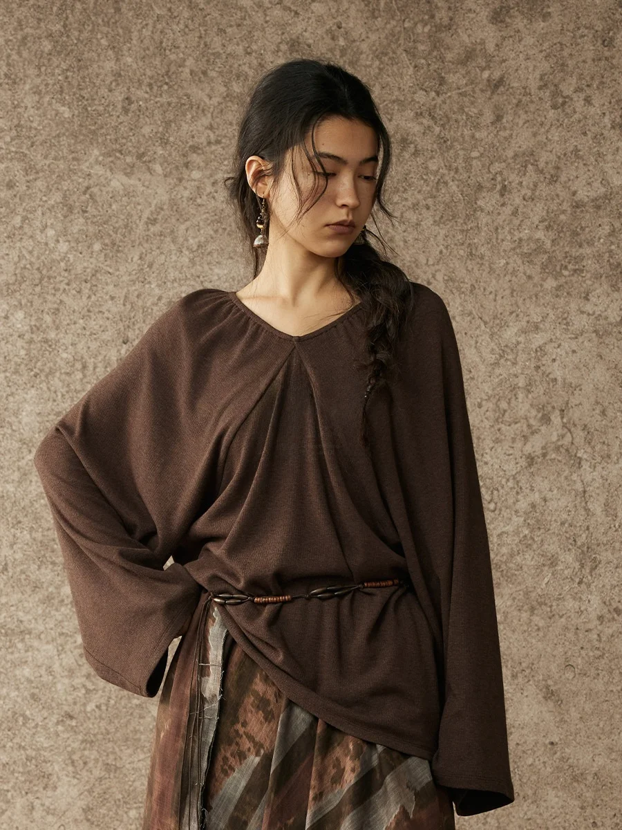 

Женская повседневная блузка Alpa Lew Spring Vibration Village Life из шерсти Lenzing, свободного кроя, с двойным V-образным вырезом, с длинным рукавом