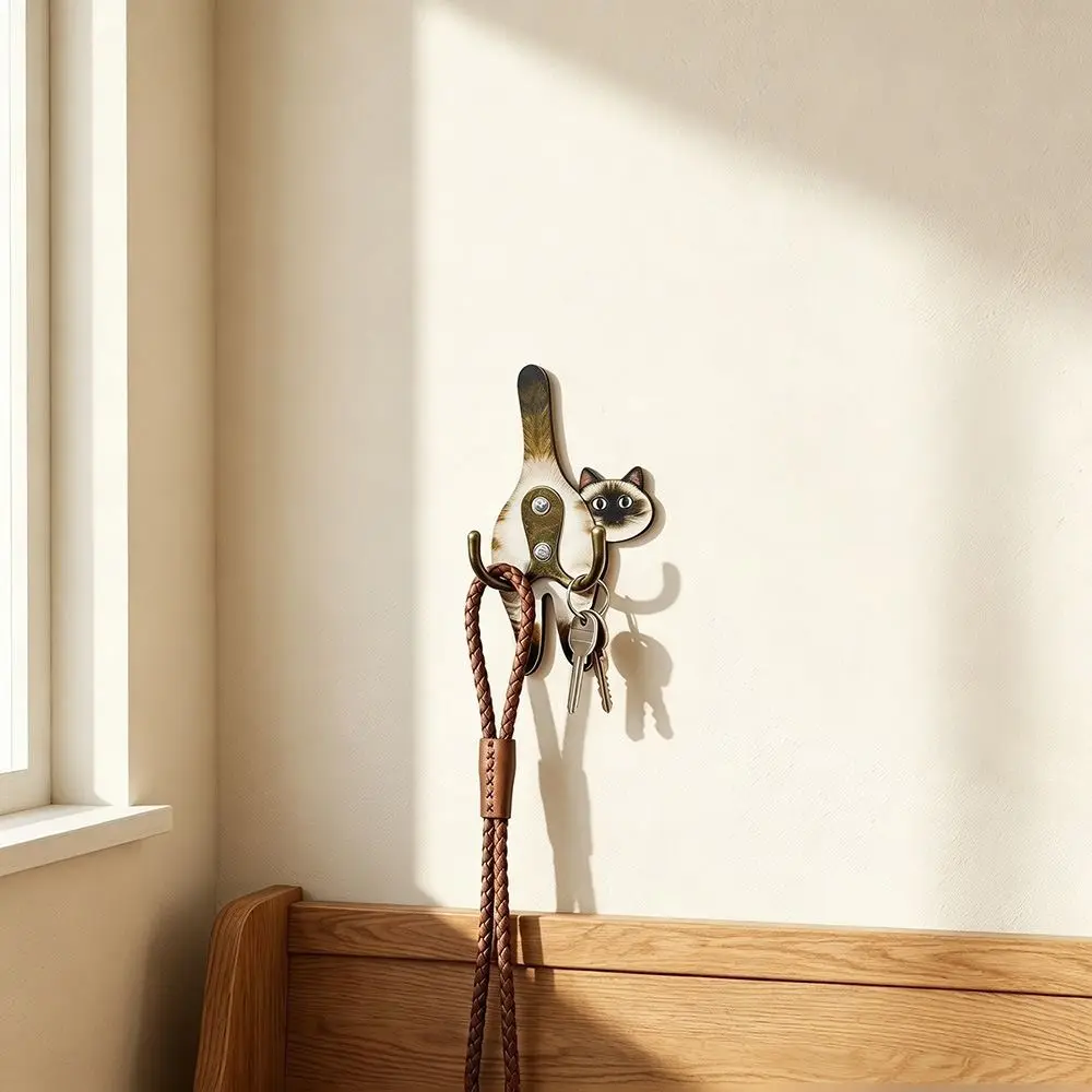 Wooden Cat Shaped Wall Hook Wall Mounted Cartoon Animal Wall Hook Decorative Cute Cat Butt Tail Key Rack for Entrance