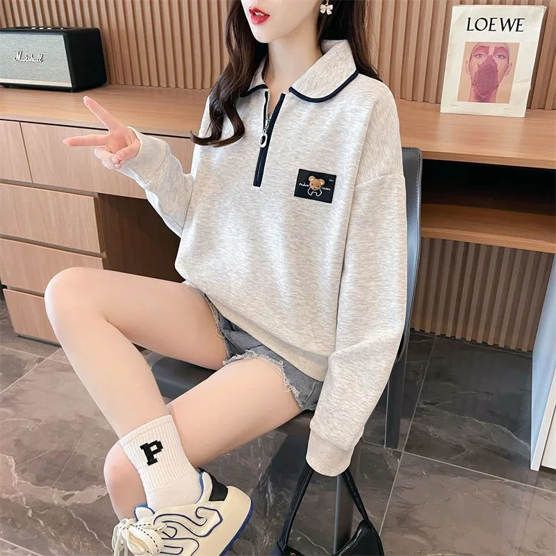 New Spring and Autumn Fashion Korean Edition Colorblock Polo Neck Half Zip Thin Loose Versatile Western Slim Women\'s Sweater