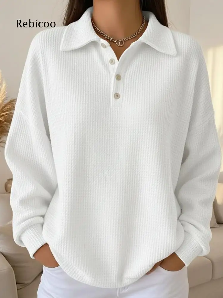 Loose Casual Waffle Texture Top For Women Polo Collar Long Sleeve Solid Tone Partial Button Front For Weekend Going Out Events