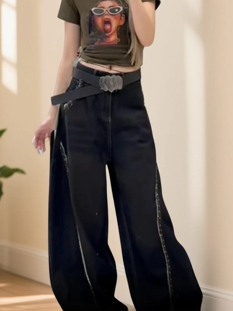 

Faionable Casual Spliced Sexy Girl Jeans Wide Leg Pants High Waist Zipper Closure Water Waed Fabric Spring Season Adult W...