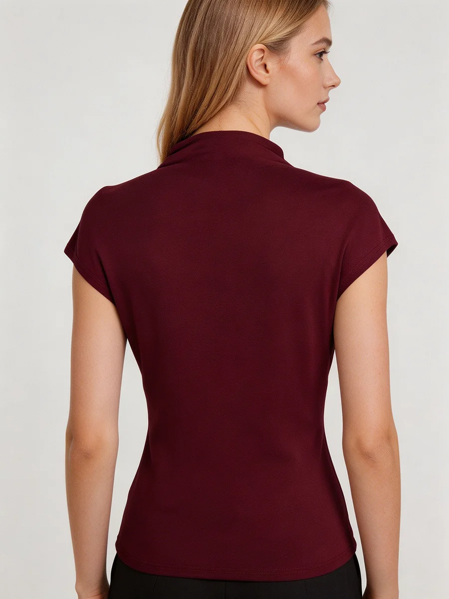 Hot Mock Neck Stretchy Slim Fit Burgundy Cap Sleeve Top, Blouse for Women Office & Daily