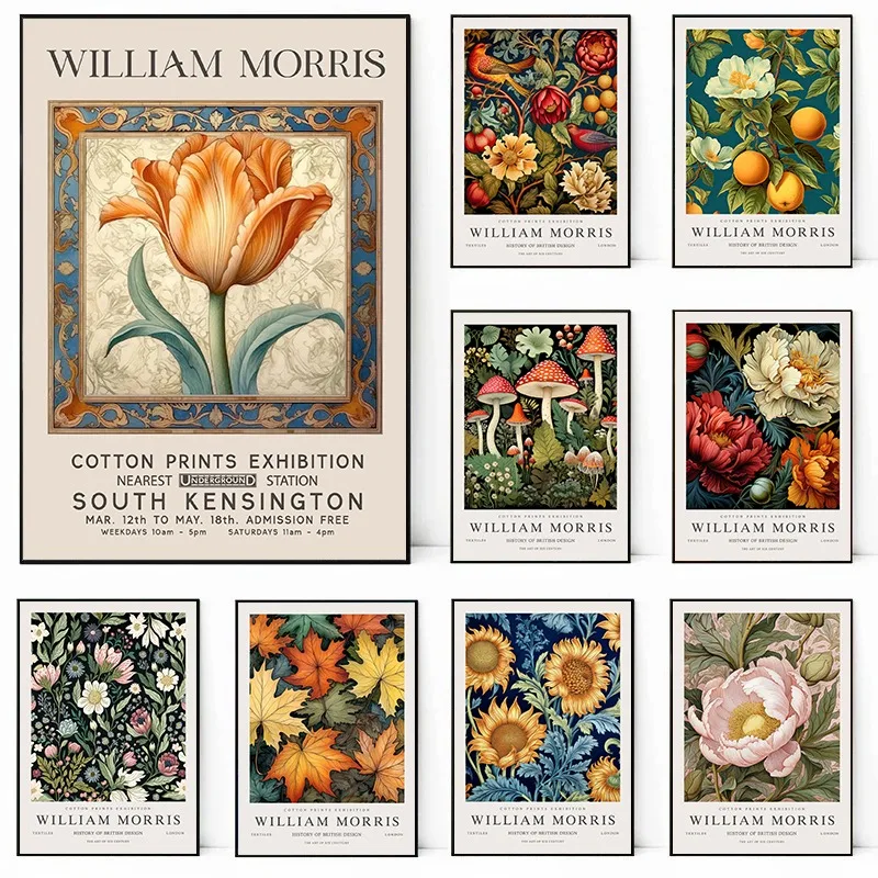 1PC  William Morris Exhibition Vintage Botanical Flower Leaf Poster and Prints Canvas Printing Wall Art Picture for Living Ro