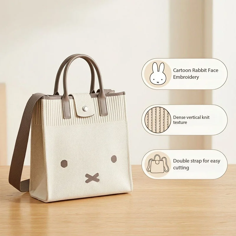 Cute Miffy Knit Tote Bag Crossbody Bag Large Capacity Cartoon Commuter Shoulder Bag Lightweight Student School Work Handbag Gift