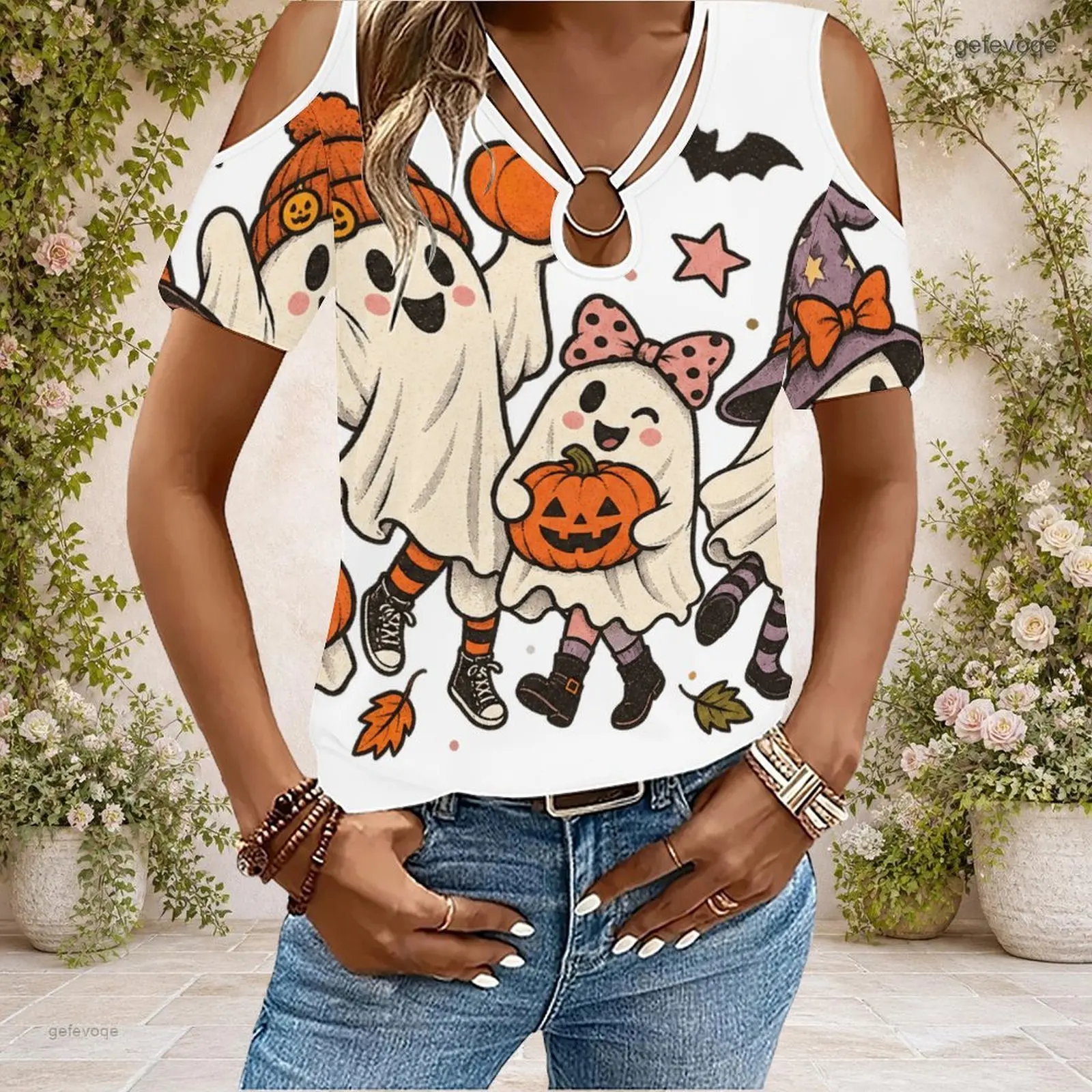 Women Cold Shoulder Short Sleeve T Shirt V Neck O Ring Keyhole Cutout Loose Casual Top Custom Print Ladies Daily Blouse
