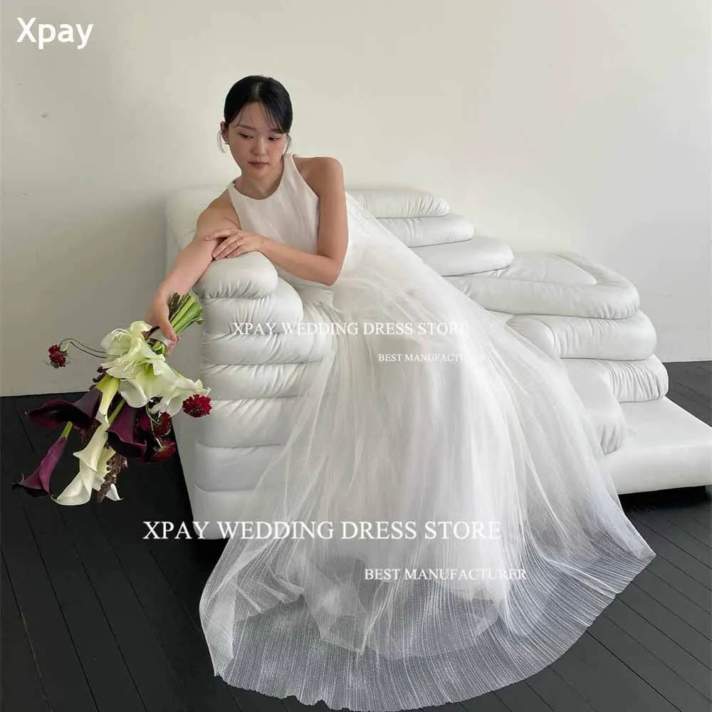 

XPAY Pleat Shiny Tulle O Neck Korea A Line Wedding Dresses Sleeveless Backless Photo shoot Floor Length Corset Custom Bride Gown