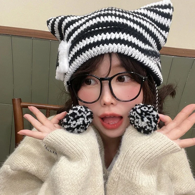 Y2K Cute Star Devil Knitted Beanie Hat Ins Skullies Striped Knitting Wool Cap Autumn Winter Cat Ears Pointed Pullover Women Hats