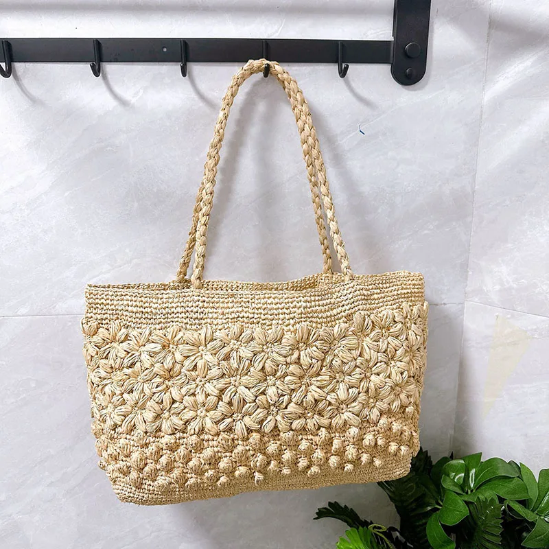 Bohemian Raffia Straw Bag Tote Flower Crochet Sea Beach Bags for Women Shoulder Bag Handmade Woven Handbag Shopper Travel Purses