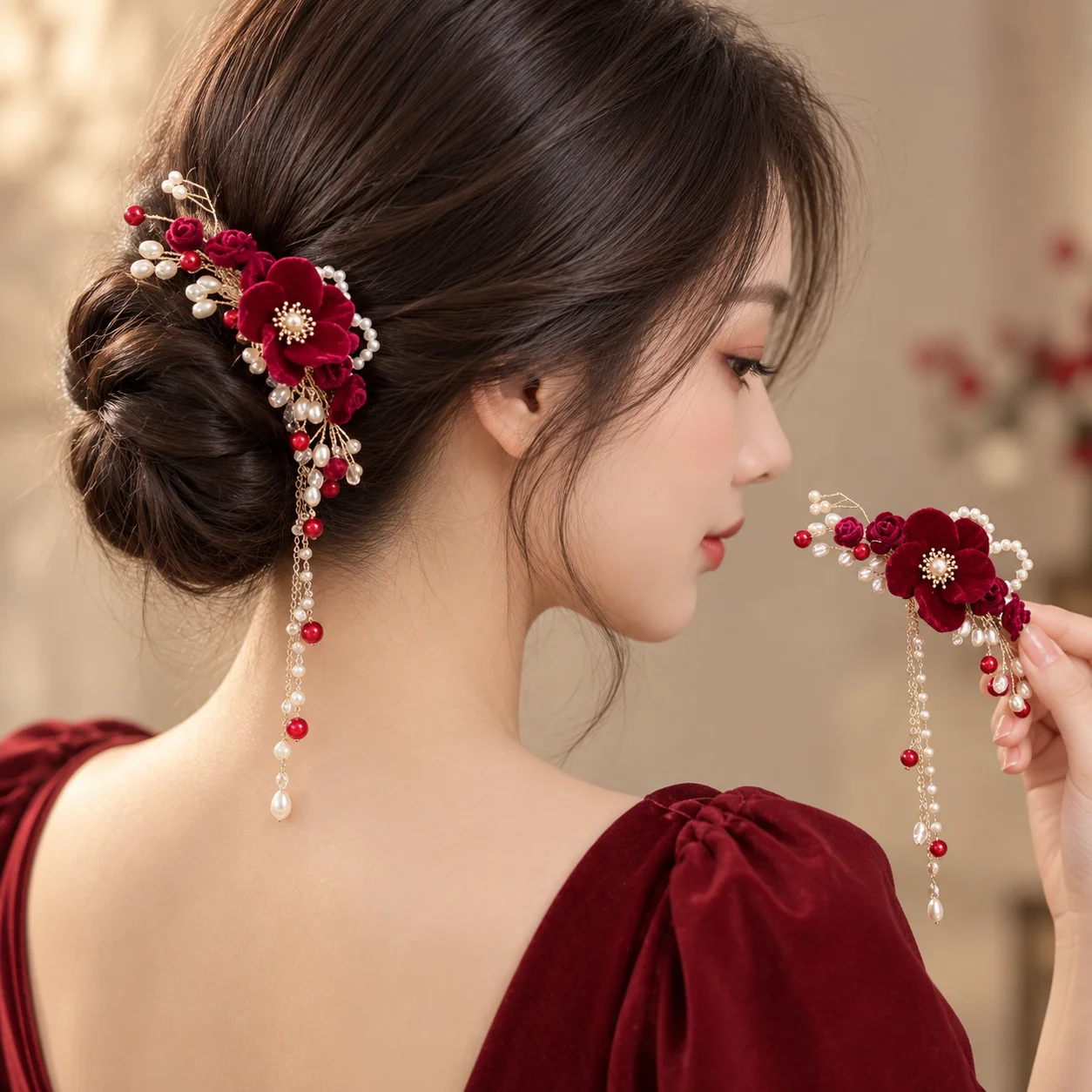 New Chinese-Style Ancient Hairpin for Women, Red Flower Tassel Hairpin, Faux Pearl Beaded Hair Accessory, Elegant and Graceful Hanfu Style Hair Ornament, Wedding and Banquet Styling Accessory, Retro Hair Clip, Hair Styling Tool, High-End Hair Decoration, Lightweight and Comfortable, Does Not Weigh down the Hair, Suitable for Daily Wear and Date Gifts, Traditional Style Jewelry, Oriental Aesthetic Hair Accessory