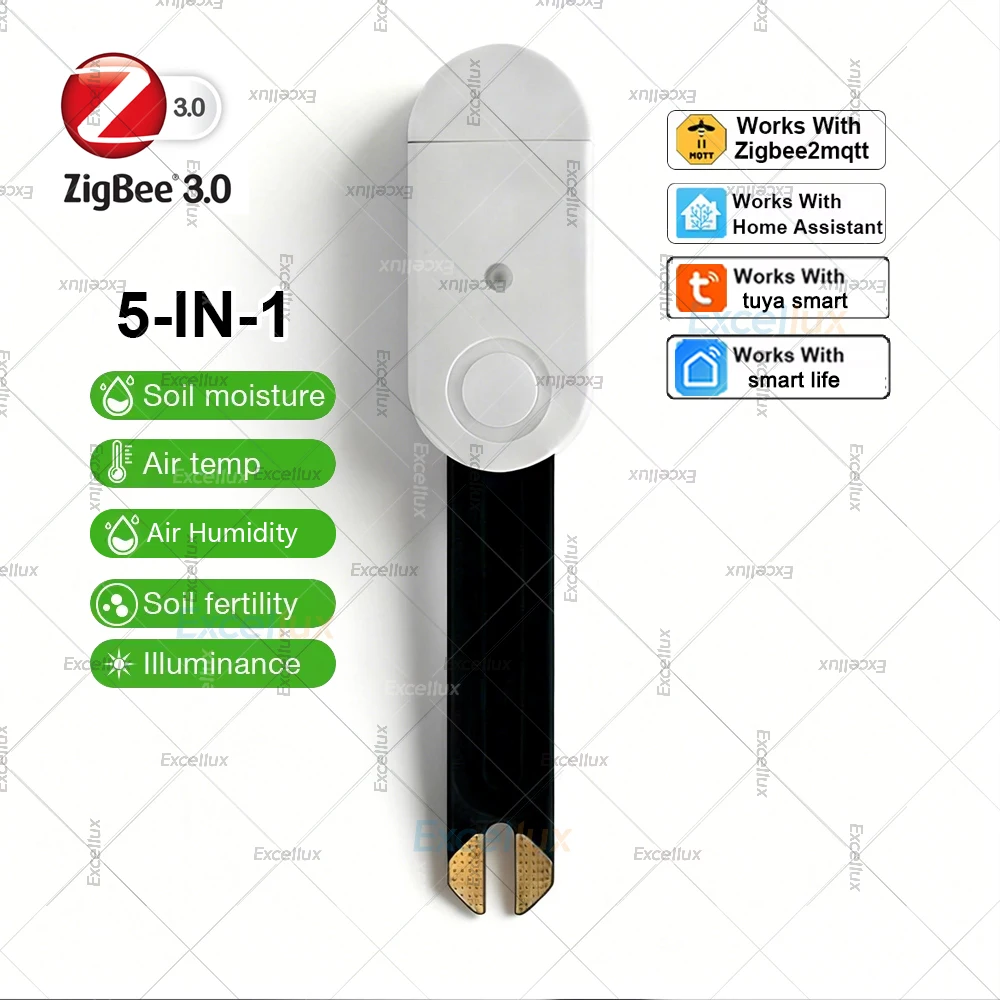 

Датчик Zigbee 5-в-1 для измерения влажности, температуры, плодородия и освещенности почвы для Z2MQTT Tuya Smart Life (опционально)