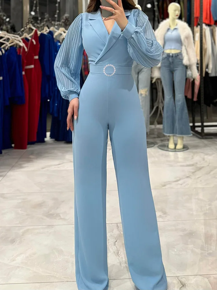 Autumn Simple Patchwork Solid Jumpsuits, Women Long Sleeve V Neck Fashion Playsuits, 2024 Wide Leg Pants Chic Ladies Bodysuits