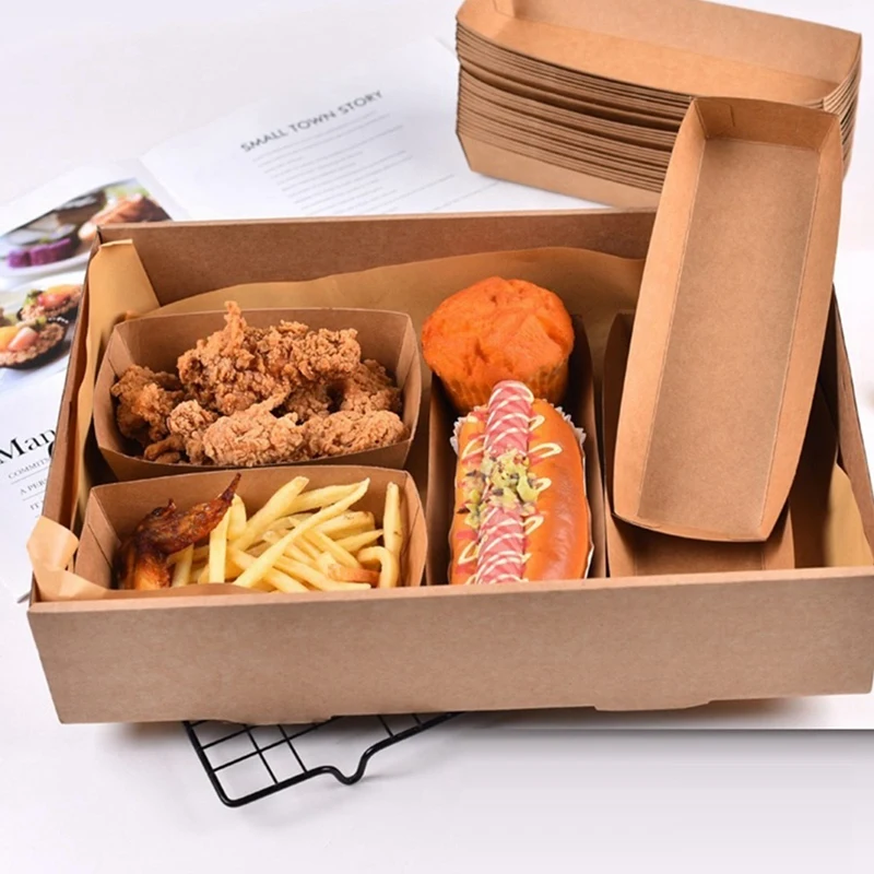 

200Piece Disposable Kraft Paper Food Serving Tray Foldable Coating Snack Open Box Hot Dog Fries Chicken Box Kraft Paper