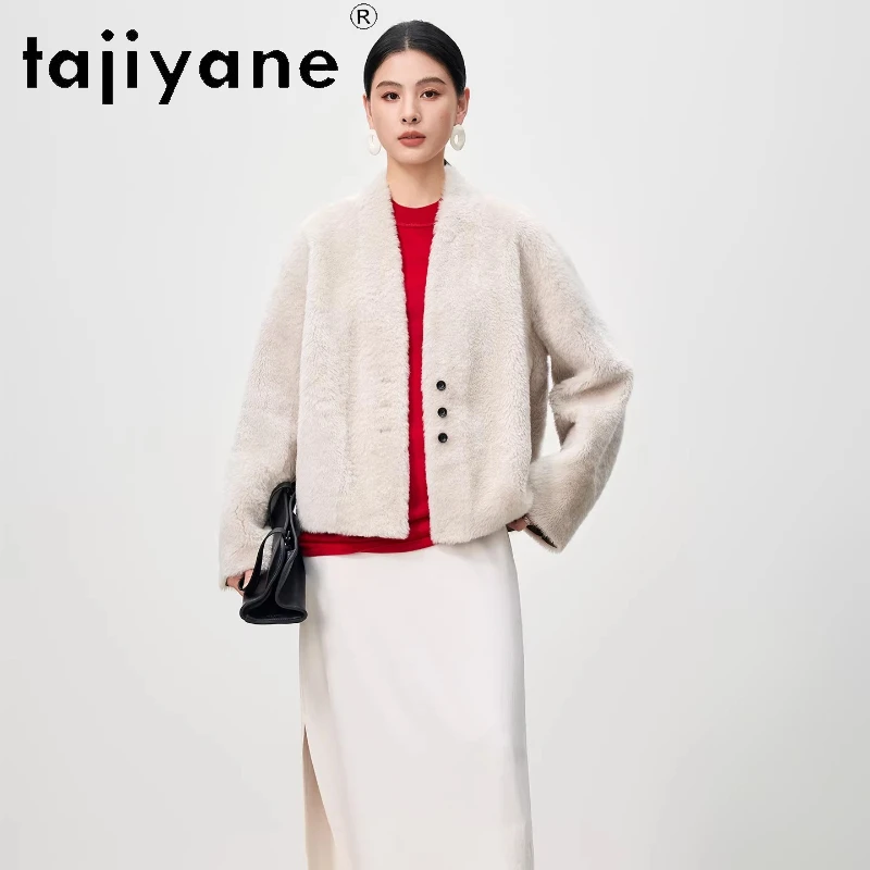 Tajiyyane 100% pele de carneiro com lã anexada jaqueta feminina luxo curto com decote em v casaco de pele real inverno roupas femininas шу onder halenik ei