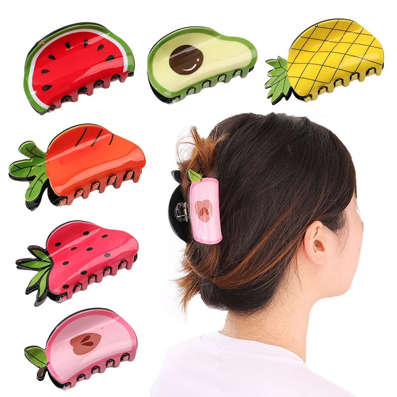 Korea Acrylic Fruits Vegetables Strawberry Watermelon Avocado Hair Clips Claws Shark Clip Hair Grab Headdress For Women Girls