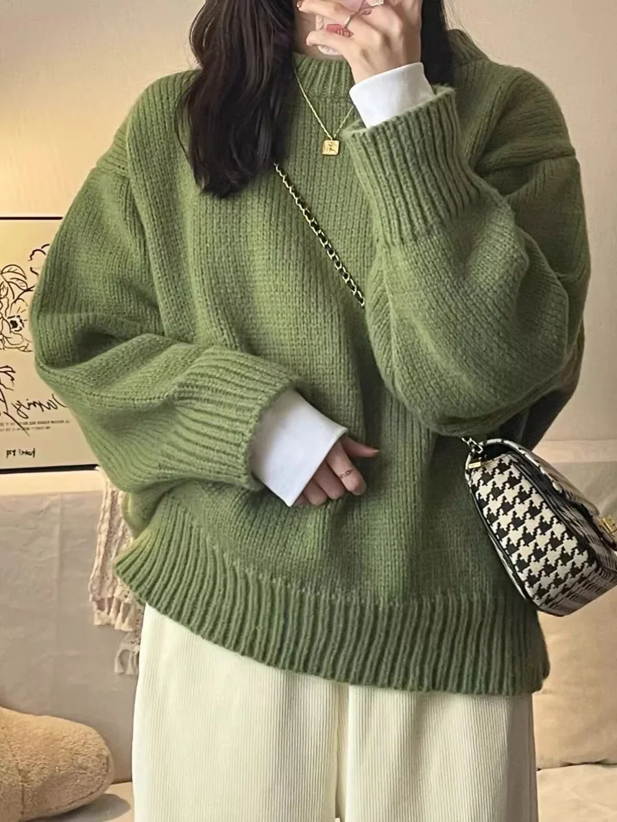 New O-Neck Loose Green Pullover Sweater For Women Autumn Winter Thick Retro Japanese Lazy Style Interior Bottom Knitted Top