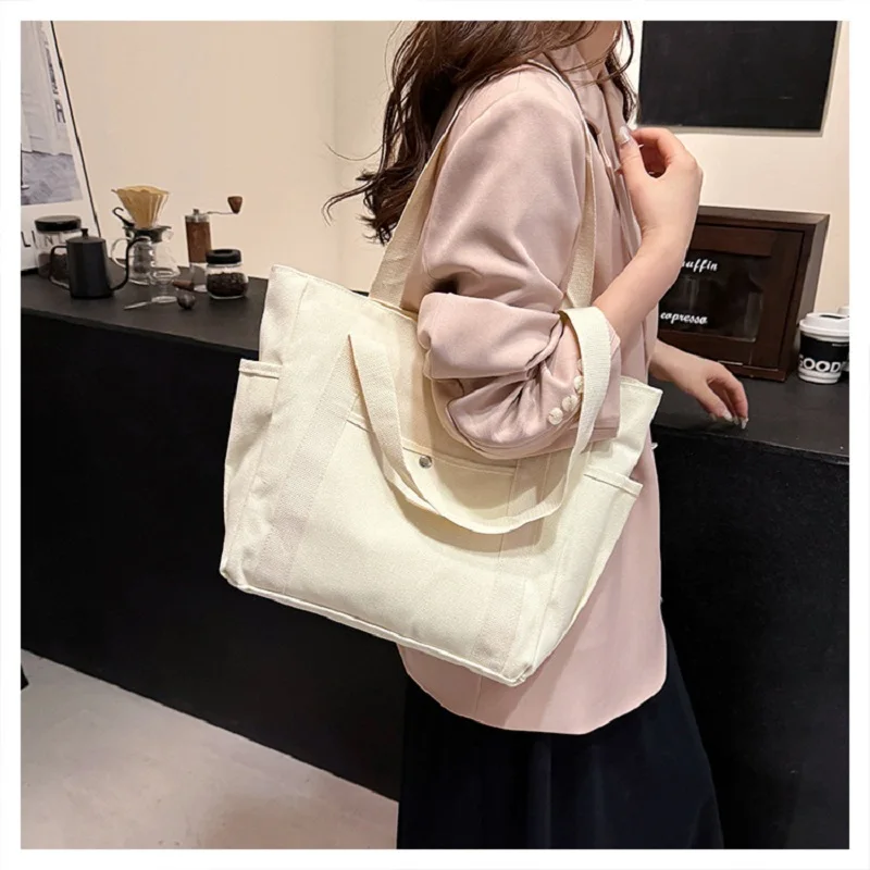 

Preppy Style Shoulder Bag Unisex Large Capacity Handbag Casual Versatile Solid Canvas Bag Student Commuting Zipper Square Bag