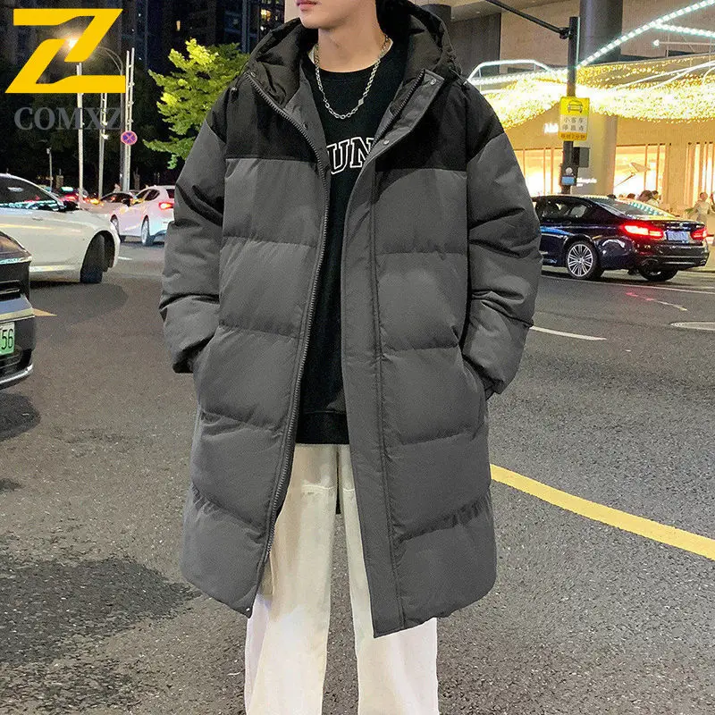 

2025 Winter Long Parka Men's Fashion Splicing Thick Warm Cotton Padded Jacket Street Leisure Windproof Hooded Coat Men Padding