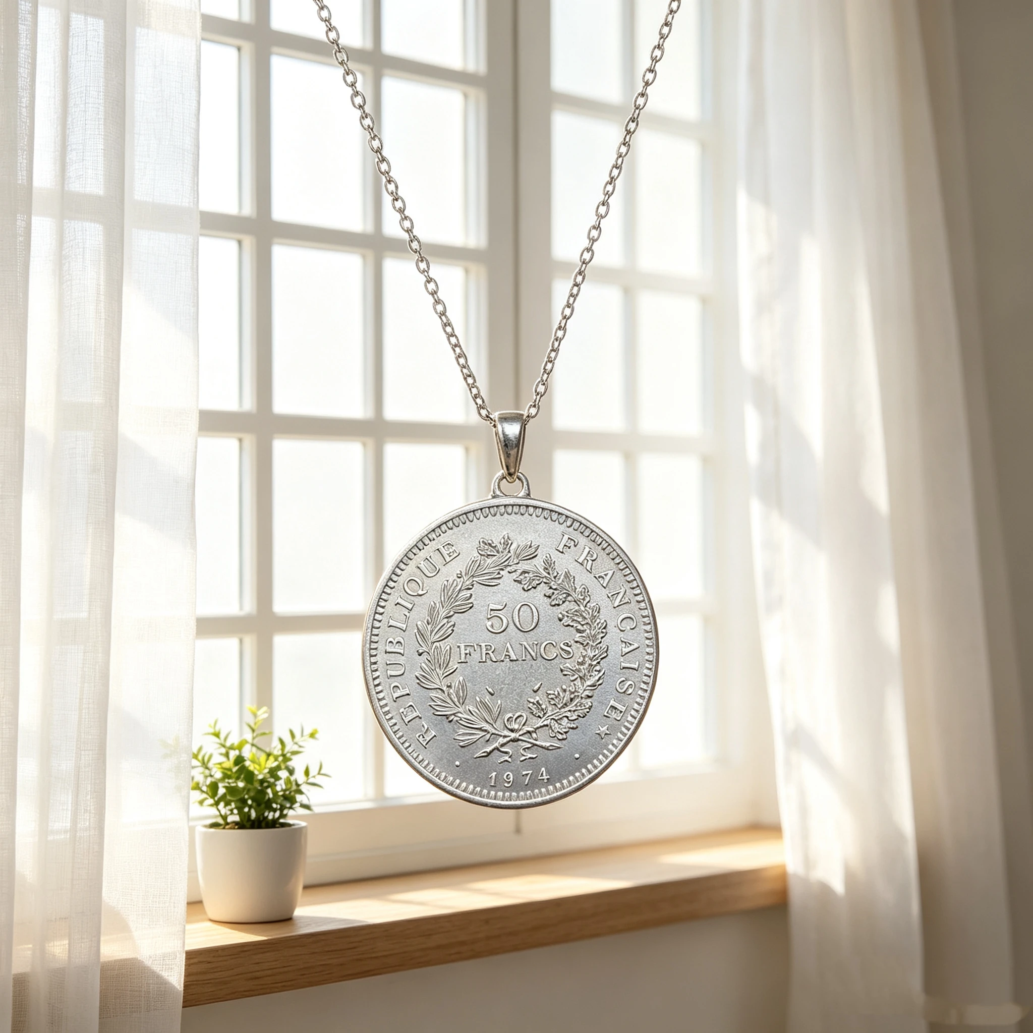Pendant Chain Necklace Coin France Style 1974 1980 50 Francs Silver Plated Metal Collection For 41mm
