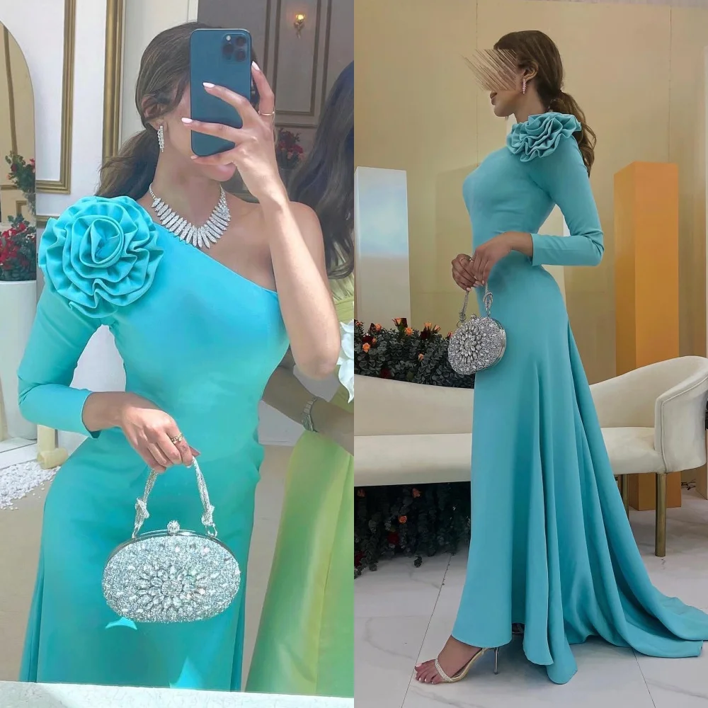 

Customized Jersey Draped Flower Evening A-line One-shoulder Bespoke Occasion Gown Long Dresses