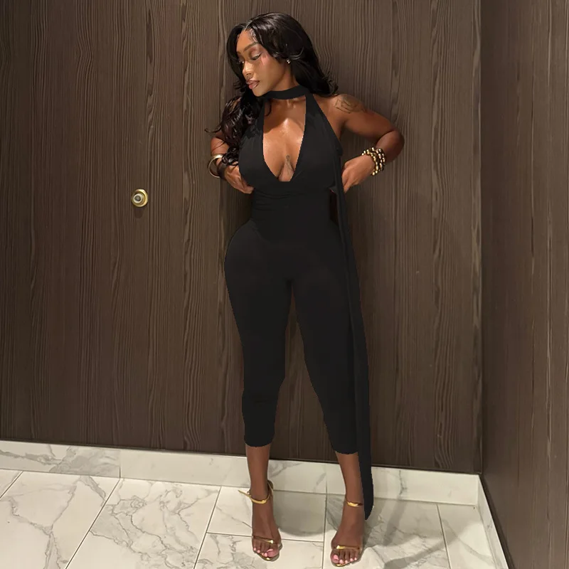 

Leosoxs Women's Sexy Backless Playsuit Deep V-Neck Lace-Up Ribbon Sleeveless Elegant Stretch Skinny Clubwear