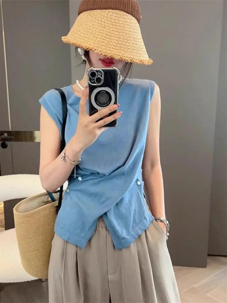 Camiseta estética sin mangas de verano para mujer, chaleco tejido de seda de hielo ligero, diseño Irregular único para prendas de vestir exteriores informales