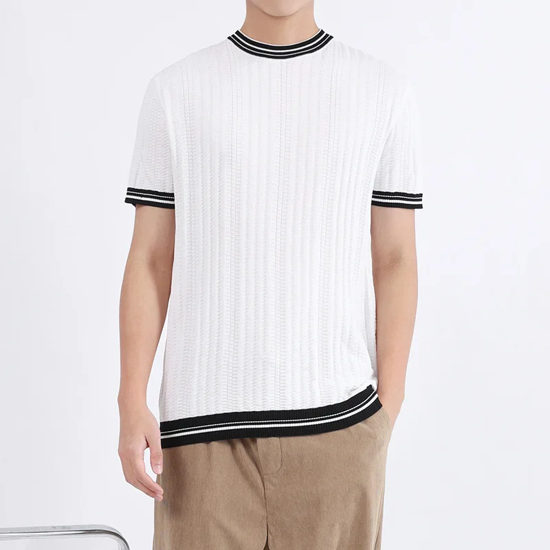 2024 الصيف الرجال الحرير الجليد محبوك قصيرة الأكمام الراقية تي شيرت ، الأعمال عارضة الأزياء العصرية العلامة التجارية فضفاض تي شيرت أعلى #5