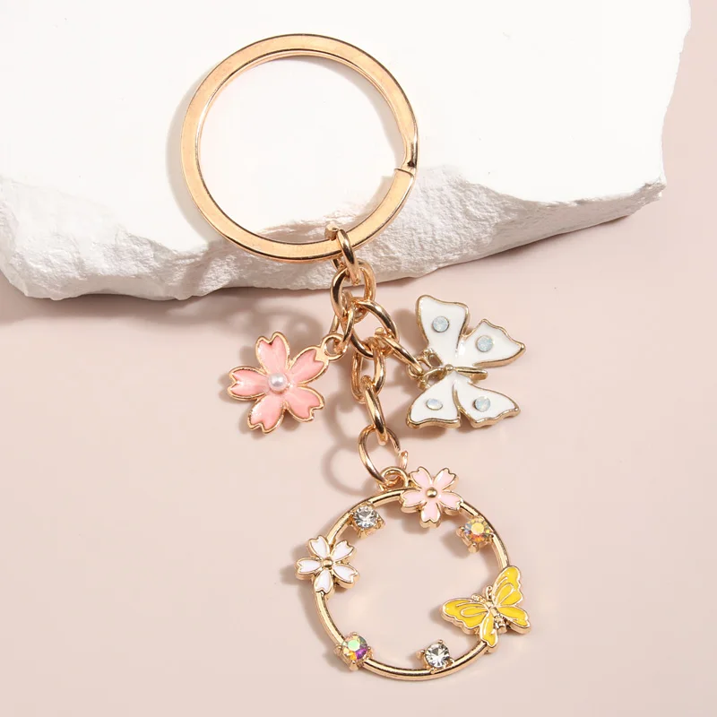 Cute Enamel Keychain Butterfly Sakura Flower Key Ring Garden Key Chains Friendship Gifts For Women Girls DIY Handmade Jewelry