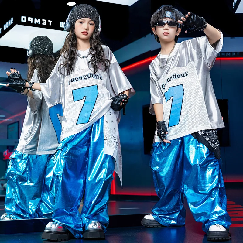 스트리트 댄스 키즈 공연 세트 소년 힙합 티셔츠 짧은 소매 의상 소녀 무대 캣워크 블루 바지 옷