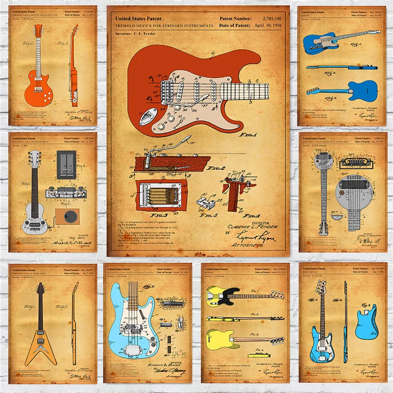 Разкрашенная гитара, патент, инструкции, инструмент, разложение, плакат, печать, настенные художественные фотографии, холст, картина, домашний декор для комнаты