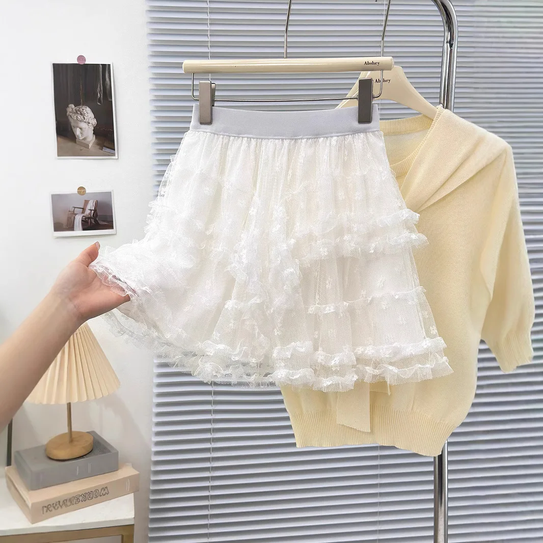 Irregular Lace Cake Skirt Elastic Waist White Mesh Anti-light Puffy Skirt for Women