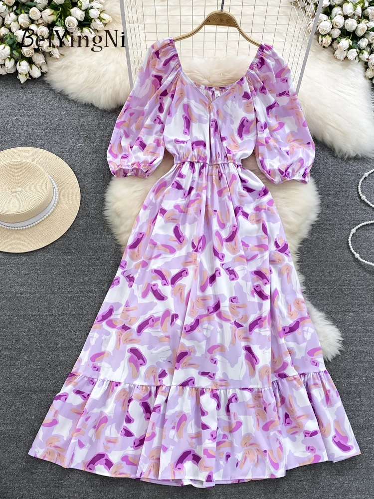 Beiyingni Korean Elegant V-neck Dress Women Short Puff Sleeve Floral Printed Ruffles Long Midi Dresses Ladies Summer Fashion