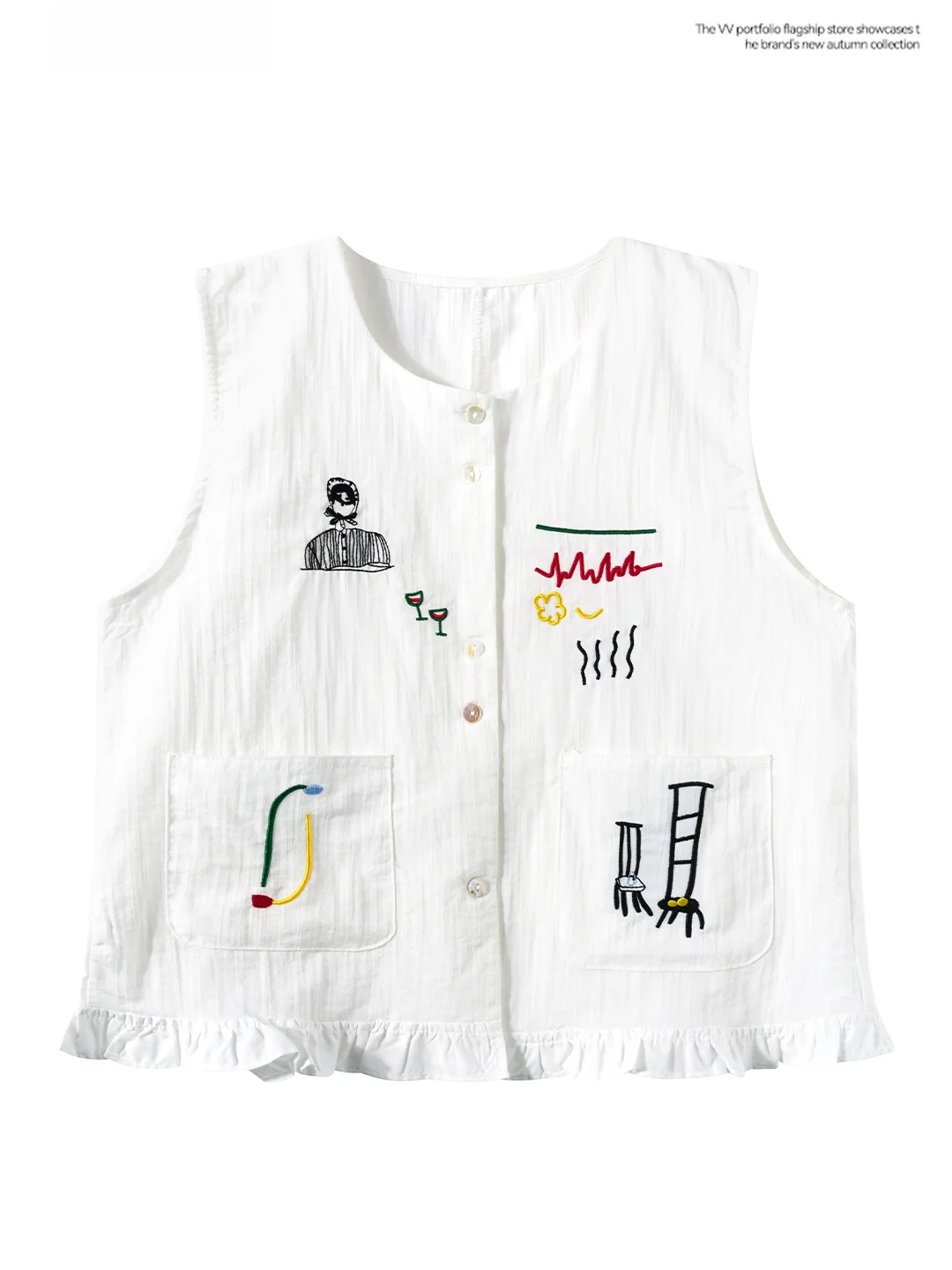 Elegant Embroidered round Neck Open Cardigan Vest Women's Summer Outerwear Casual Age-Defying White Trimmed Sleeveless Top