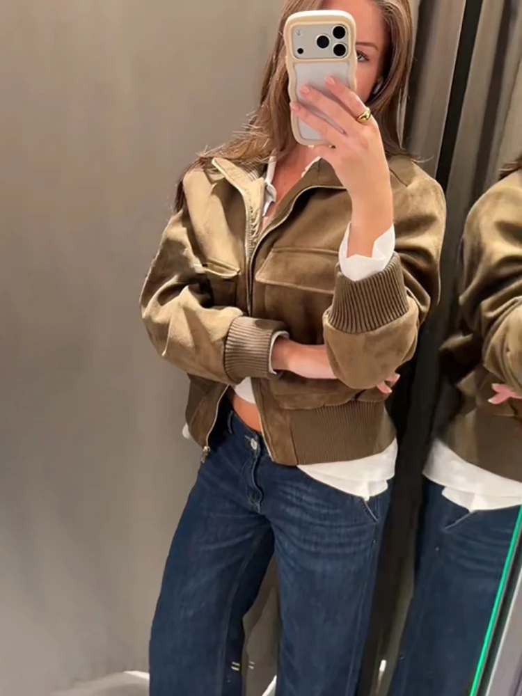 Schicke Jacke aus Kunstwildleder mit geripptem Bündchen für Damen, Retro-Stehkragen, Taschen, Reißverschluss, elastische Taille, Herbst-Alltags-Streetwear 2026 – Detail 5