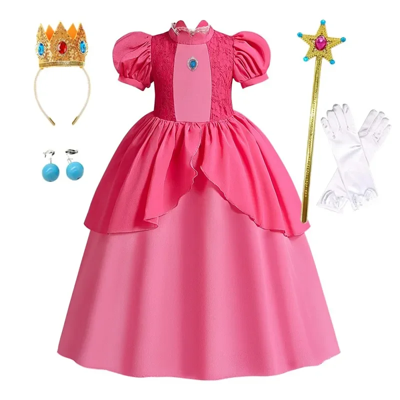 Peach Princess Dress New Baby Girls Queen Kids Cosplay Costume Children Birthday Carnival Party Outfit Stage Performance Clothes