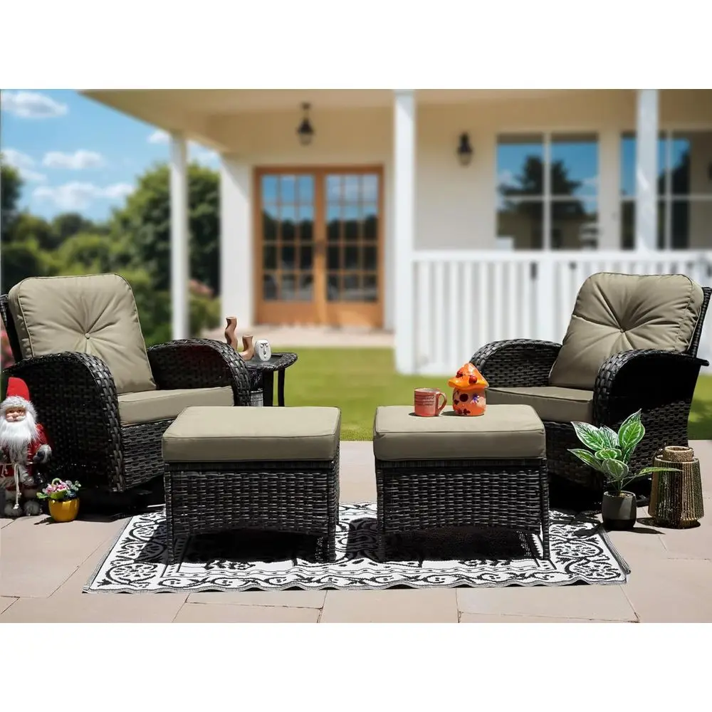 

5-Piece Wicker Outdoor Patio Furniture Set with Swivel Glider and Rocking Chairs, Perfect for Deck or Balcony, Khaki