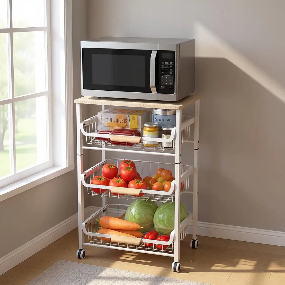 

4-Tier Metal Slide-Out Storage Basket Stand with Wooden Top and Rolling Wheels for Kitchen Pantry (White)