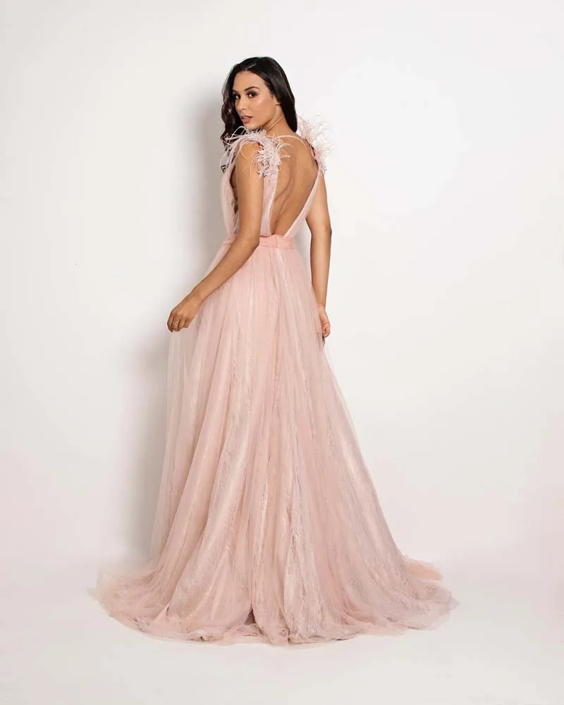 Blush Pink Tulle Vestido de noite, Decote em v, fenda lateral, sem mangas, vestido de baile, costas abertas, vestidos para eventos, tamanho grande, 2024