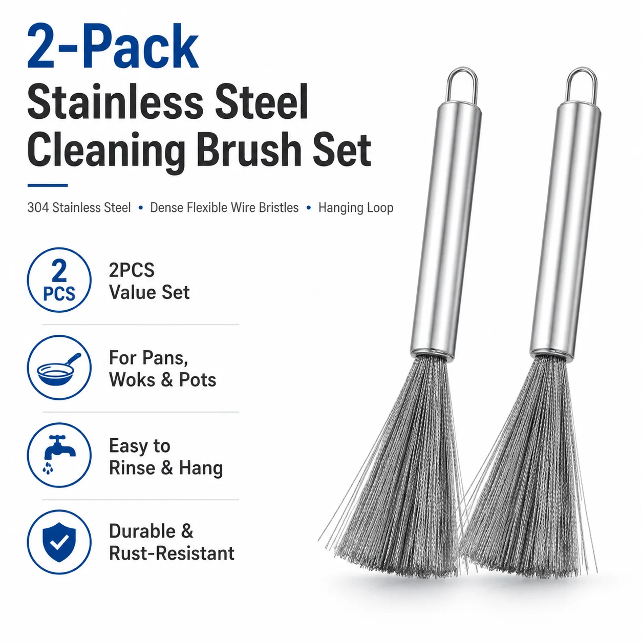 Heavy Duty Cookware Cleaning Brush, Metal Wire Pot and Pan Scrubber with Long Handle, Kitchen Cleaner for Stainless Steel Pans, Woks and Grills