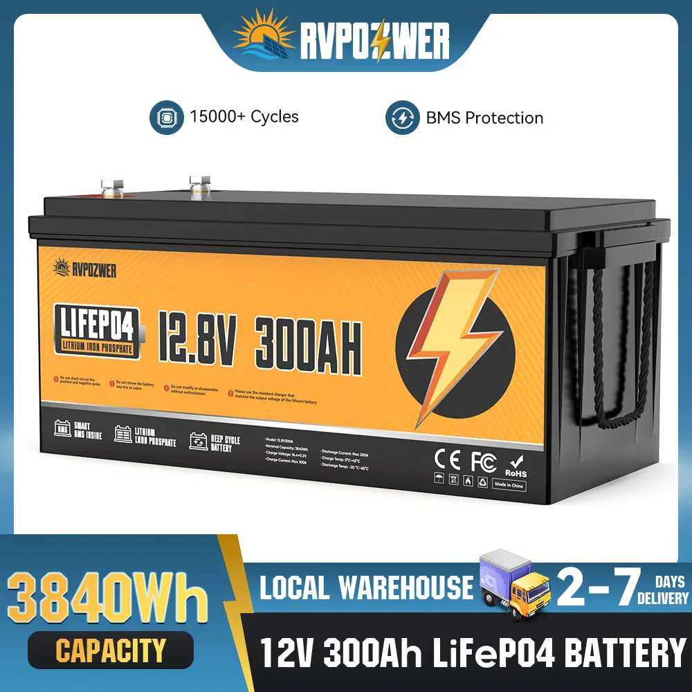 

Аккумулятор RVPOZWER 12В 300Ач 3840Втч литий-железо-фосфатный (LiFePO4) с BMS 200А для гольф-каров, автодомов, морского транспорта, солнечных панелей, перезаряжаемый